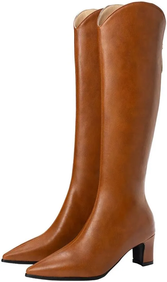 ClassicSter Womens Pointed Toe Knee High Cowgirl Boots Mid Chunky Heel Zipper Western Boots