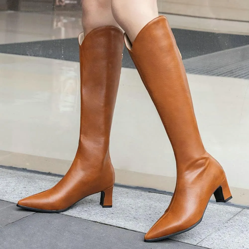 ClassicSter Womens Pointed Toe Knee High Cowgirl Boots Mid Chunky Heel Zipper Western Boots
