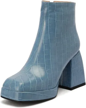 ClassicSter Womens Square Toe Chunky High Heel Ankle Boots Platform Side Zip up Booties