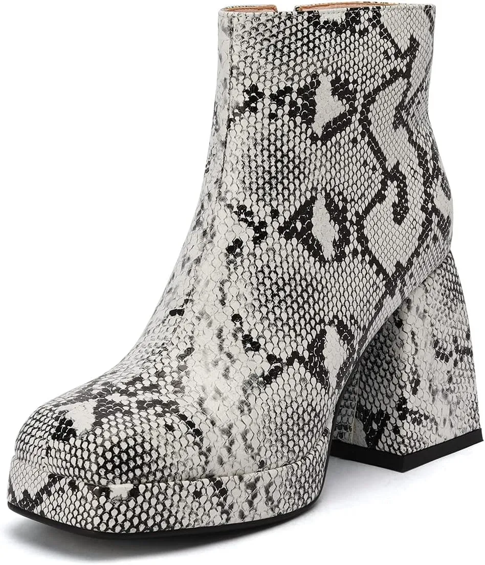 ClassicSter Womens Square Toe Chunky High Heel Ankle Boots Platform Side Zip up Booties