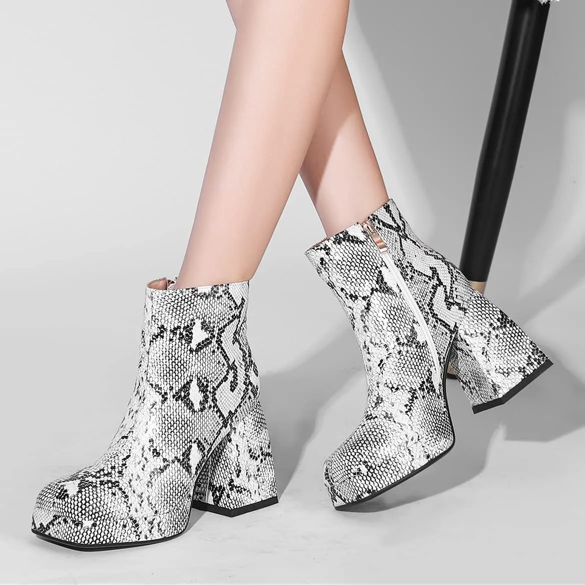 ClassicSter Womens Square Toe Chunky High Heel Ankle Boots Platform Side Zip up Booties