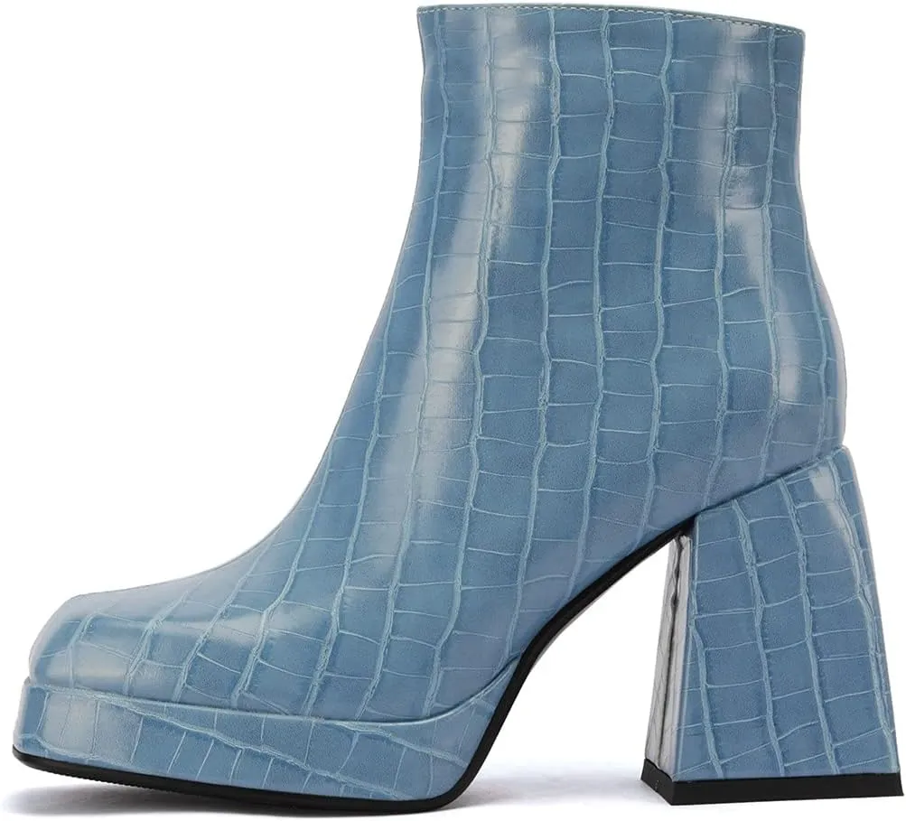 ClassicSter Womens Square Toe Chunky High Heel Ankle Boots Platform Side Zip up Booties