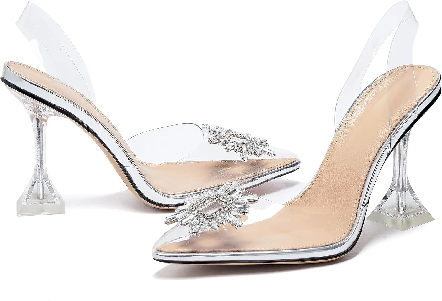 Clear Heels For Women,Crystal Rhinestones Slingback Wedding Shoes,Pointed Toe High Heel Womens Sandals