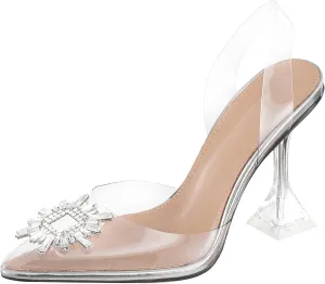 Clear Heels For Women,Crystal Rhinestones Slingback Wedding Shoes,Pointed Toe High Heel Womens Sandals