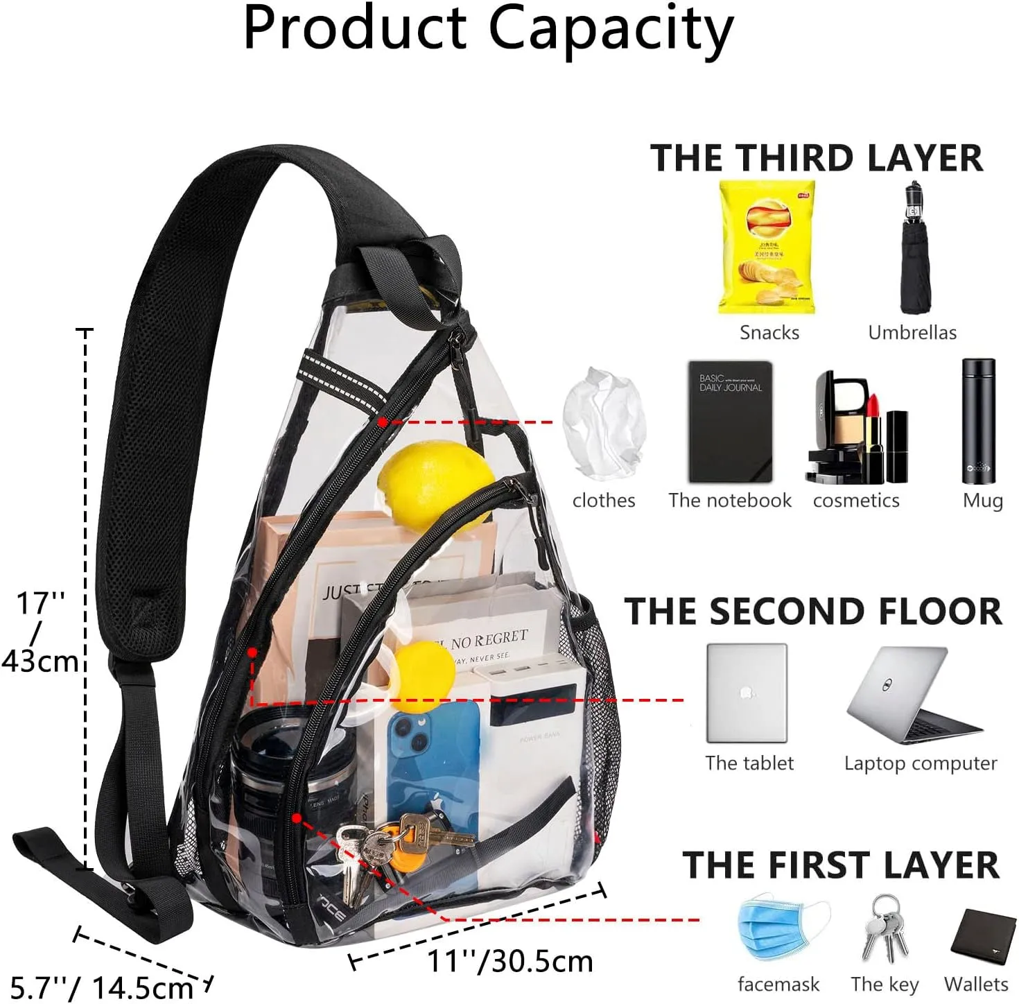 Clear Sling Bag,Transparent Crossbody Bag with Reflective Belt,Zipper Shoulder Pocket, Breathable Back Cushion