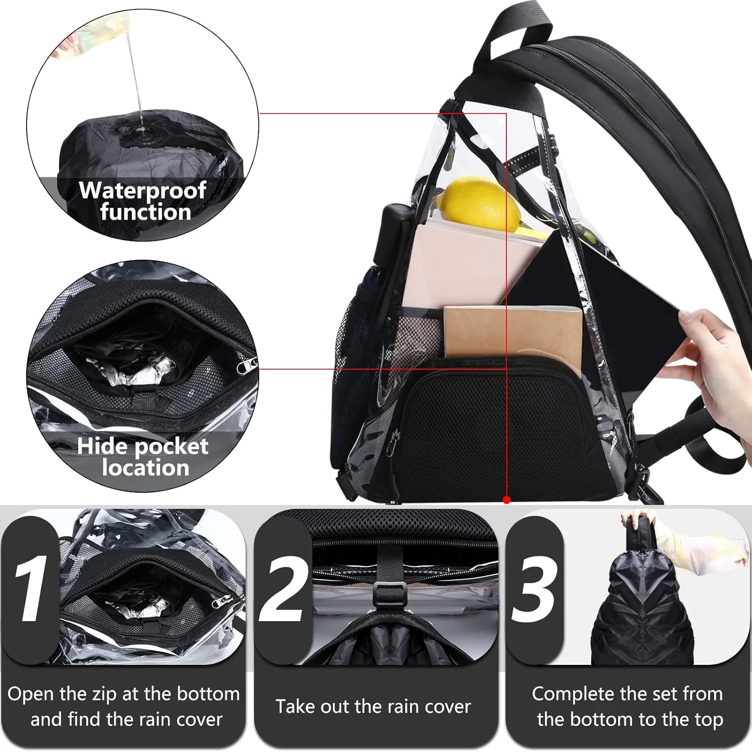 Clear Sling Bag,Transparent Crossbody Bag with Reflective Belt,Zipper Shoulder Pocket, Breathable Back Cushion