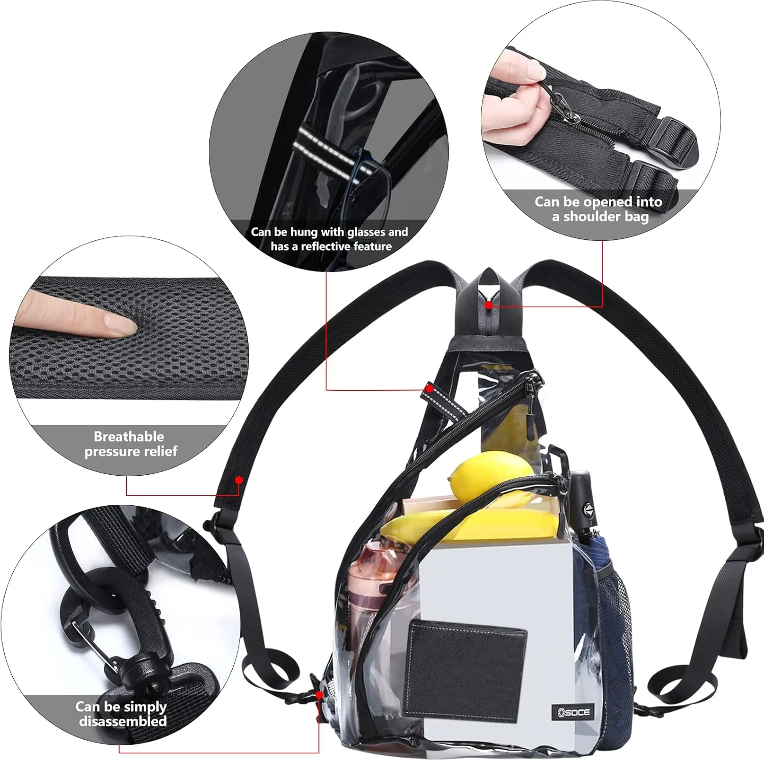 Clear Sling Bag,Transparent Crossbody Bag with Reflective Belt,Zipper Shoulder Pocket, Breathable Back Cushion