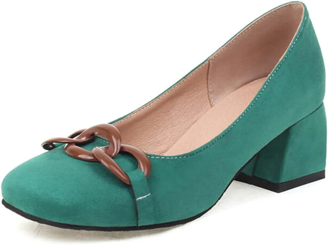 CoceMoce Classic Mid Block Heel Closed Round Toe Pumps for Women Office Lady Slip-On Suede Dress Shoes with Chains Work Office Church Prom Dating Daily Wear