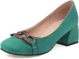 CoceMoce Classic Mid Block Heel Closed Round Toe Pumps for Women Office Lady Slip-On Suede Dress Shoes with Chains Work Office Church Prom Dating Daily Wear