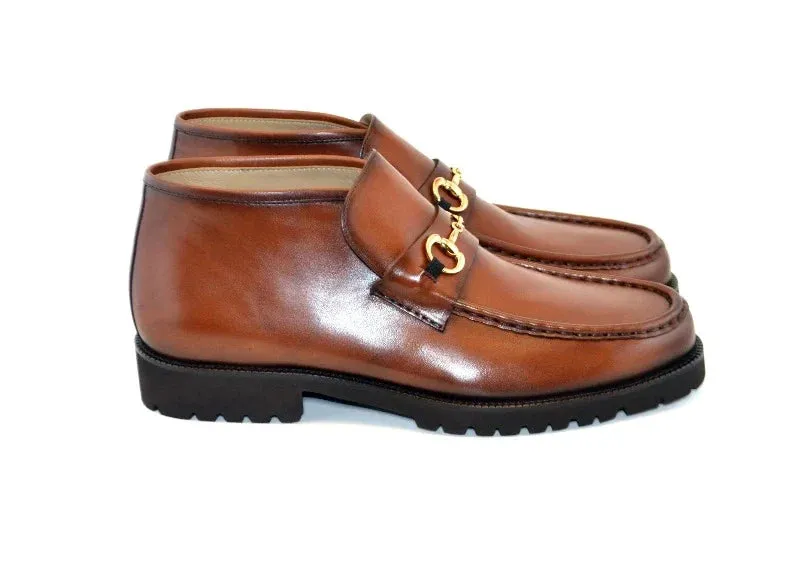 Corrente Cognac Men's Silver Horsebit Buckle Ankle boot Calf Skin Leather
