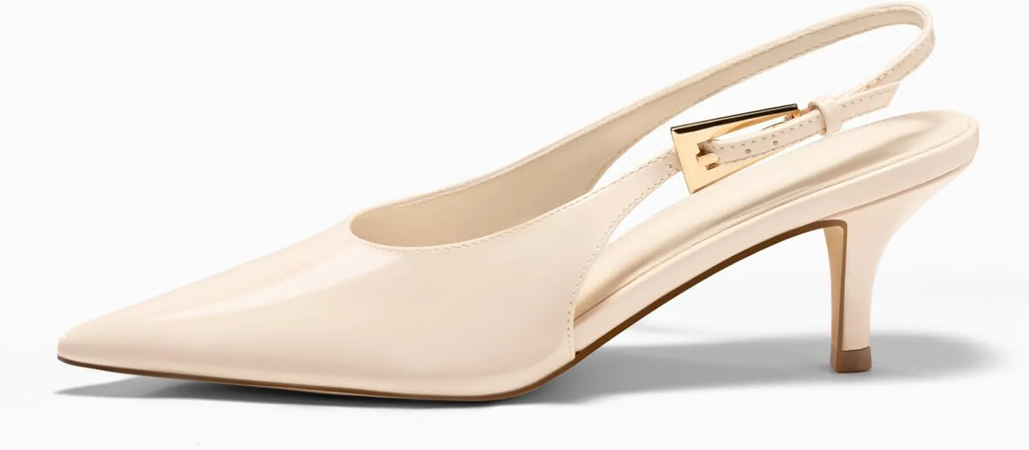 Coutgo Womens Slingback Heels Kitten Low Heel Dress Shoes Closed Pointed Toe Buckle Pumps Work Wedding Shoes
