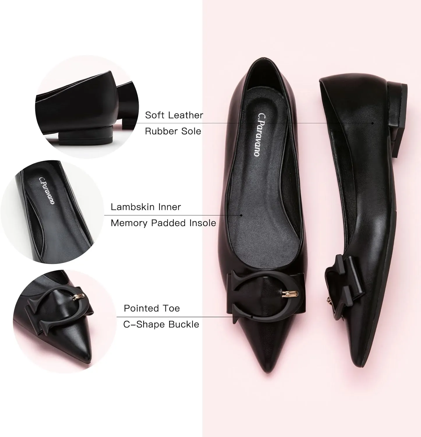 C.Paravano Women's Ballet Pointed Toe Leather Comfortable Slip On Work Flats