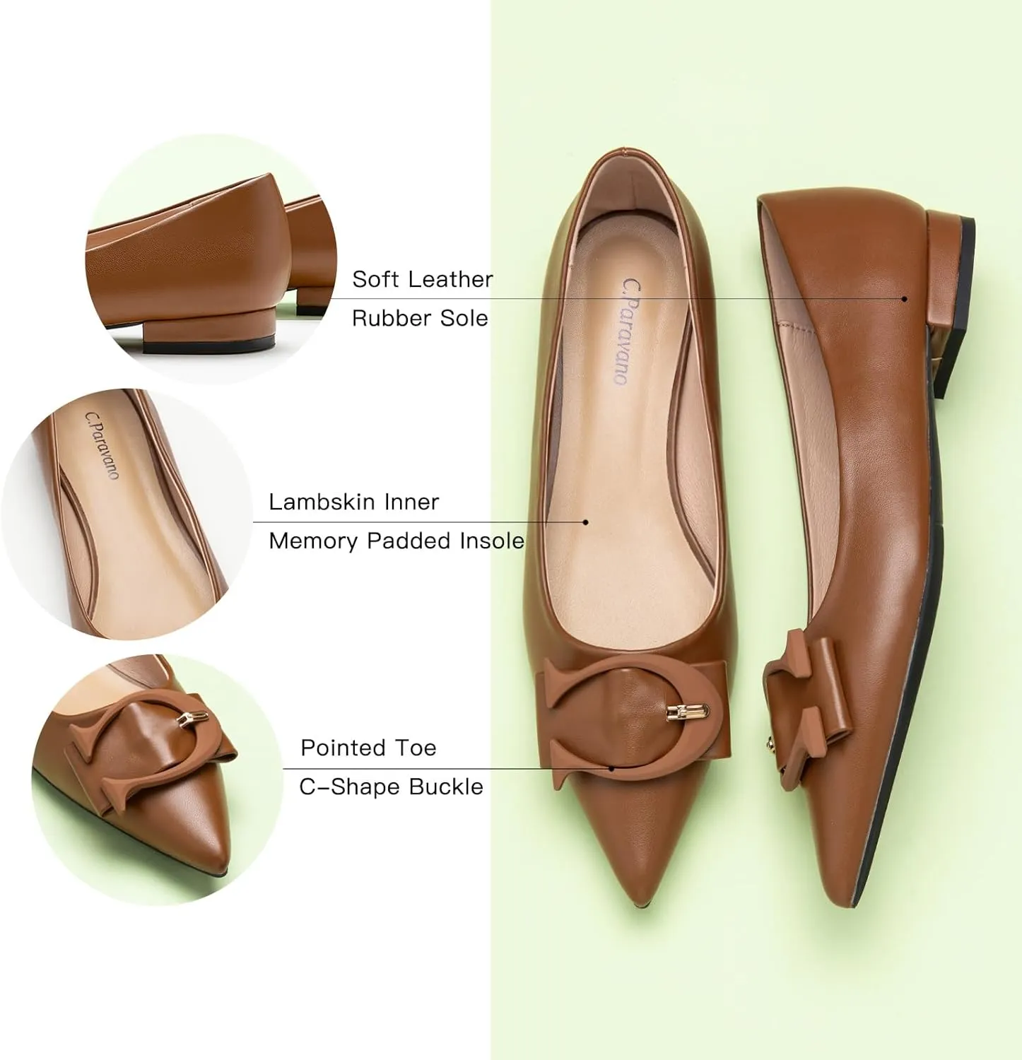 C.Paravano Women's Ballet Pointed Toe Leather Comfortable Slip On Work Flats