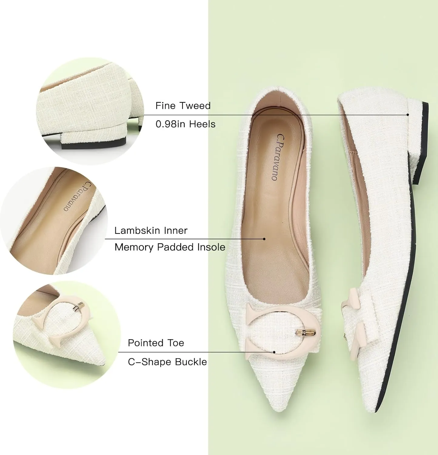 C.Paravano Women's Ballet Pointed Toe Leather Comfortable Slip On Work Flats