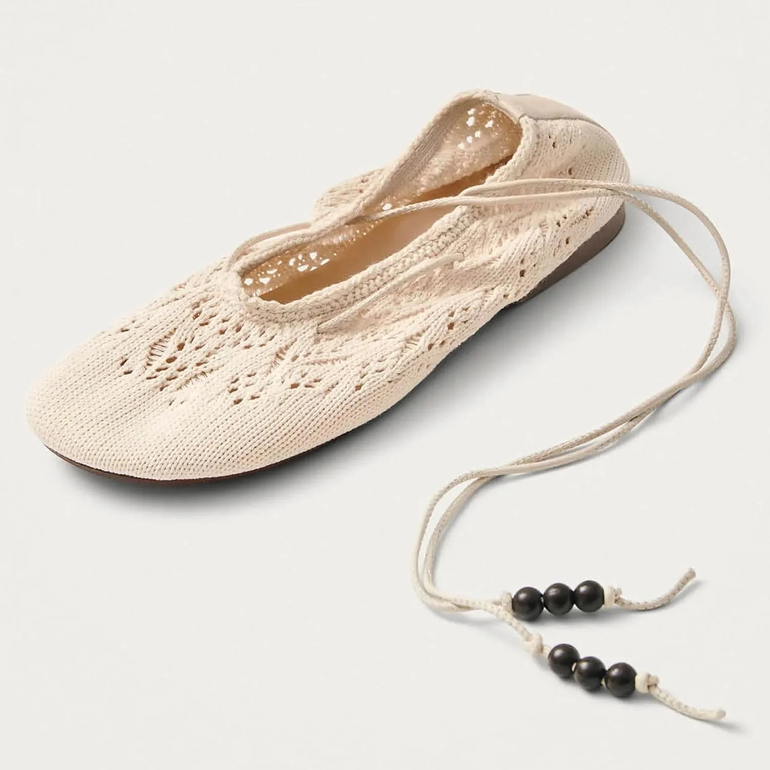 Crochet Mesh Ballet Flats for Women Woven Beaded Lace up Ballerina Flats Comfortable Casual Slip on Mary Jane Shoes