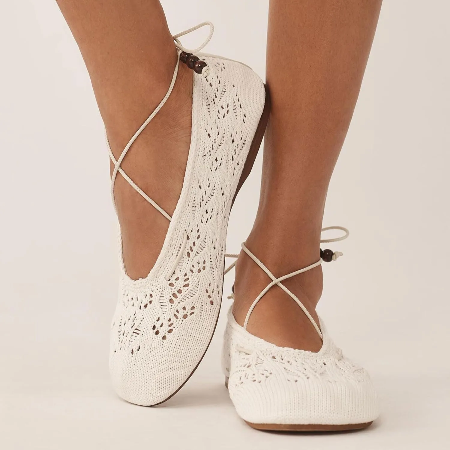 Crochet Mesh Ballet Flats for Women Woven Beaded Lace up Ballerina Flats Comfortable Casual Slip on Mary Jane Shoes