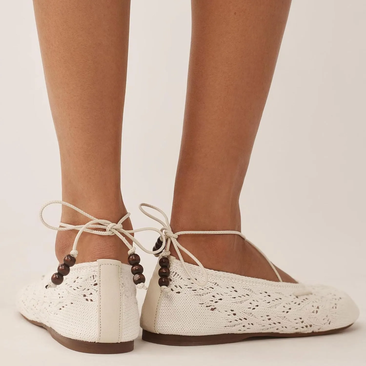 Crochet Mesh Ballet Flats for Women Woven Beaded Lace up Ballerina Flats Comfortable Casual Slip on Mary Jane Shoes