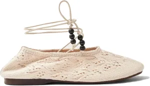 Crochet Mesh Ballet Flats for Women Woven Beaded Lace up Ballerina Flats Comfortable Casual Slip on Mary Jane Shoes