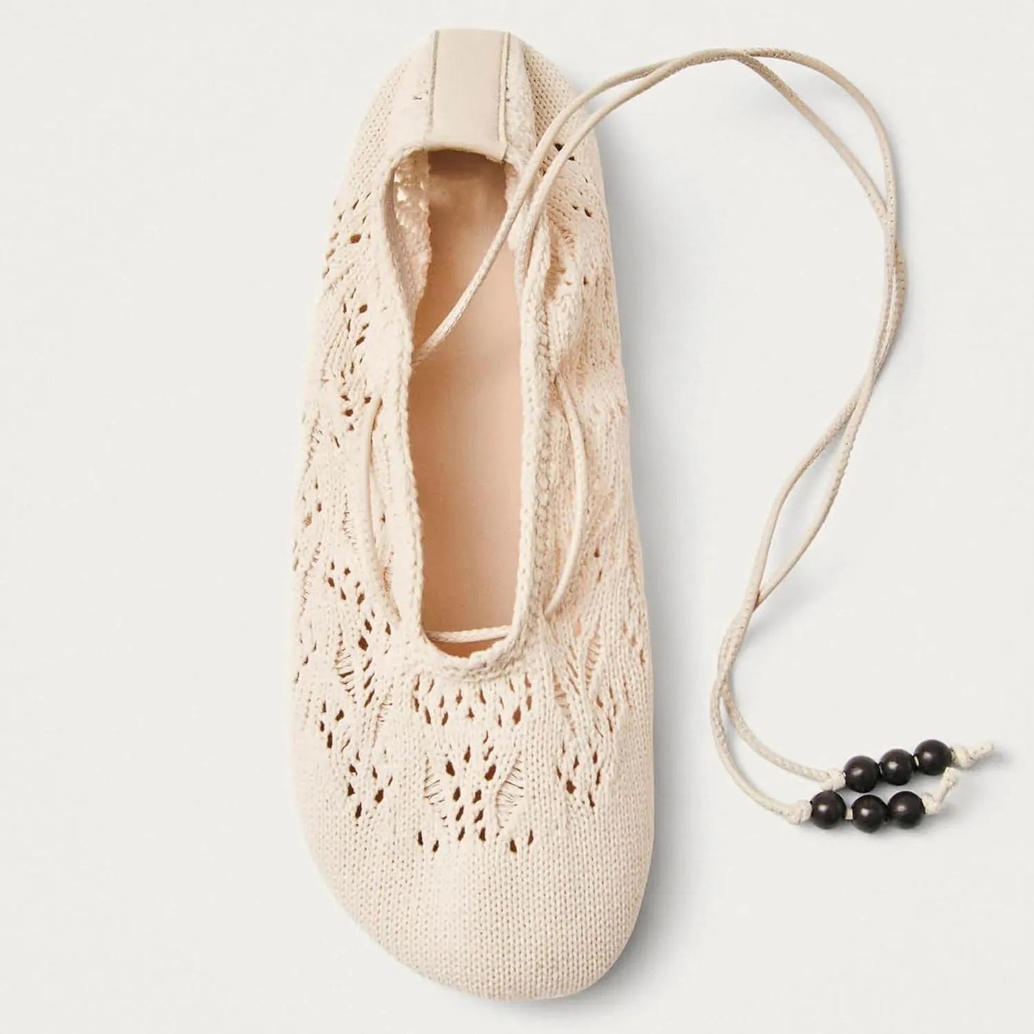Crochet Mesh Ballet Flats for Women Woven Beaded Lace up Ballerina Flats Comfortable Casual Slip on Mary Jane Shoes