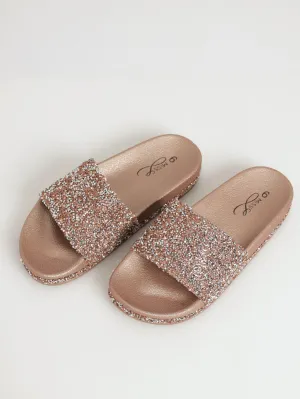 Crystal Bling Moulded Mule Sandal - Rose Gold Glitter