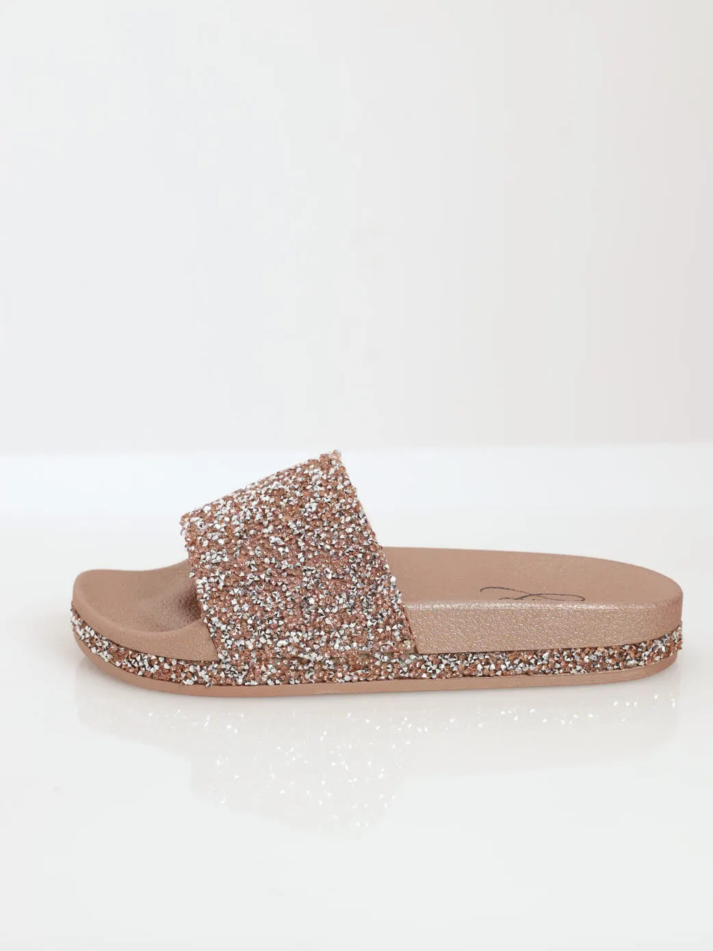 Crystal Bling Moulded Mule Sandal - Rose Gold Glitter