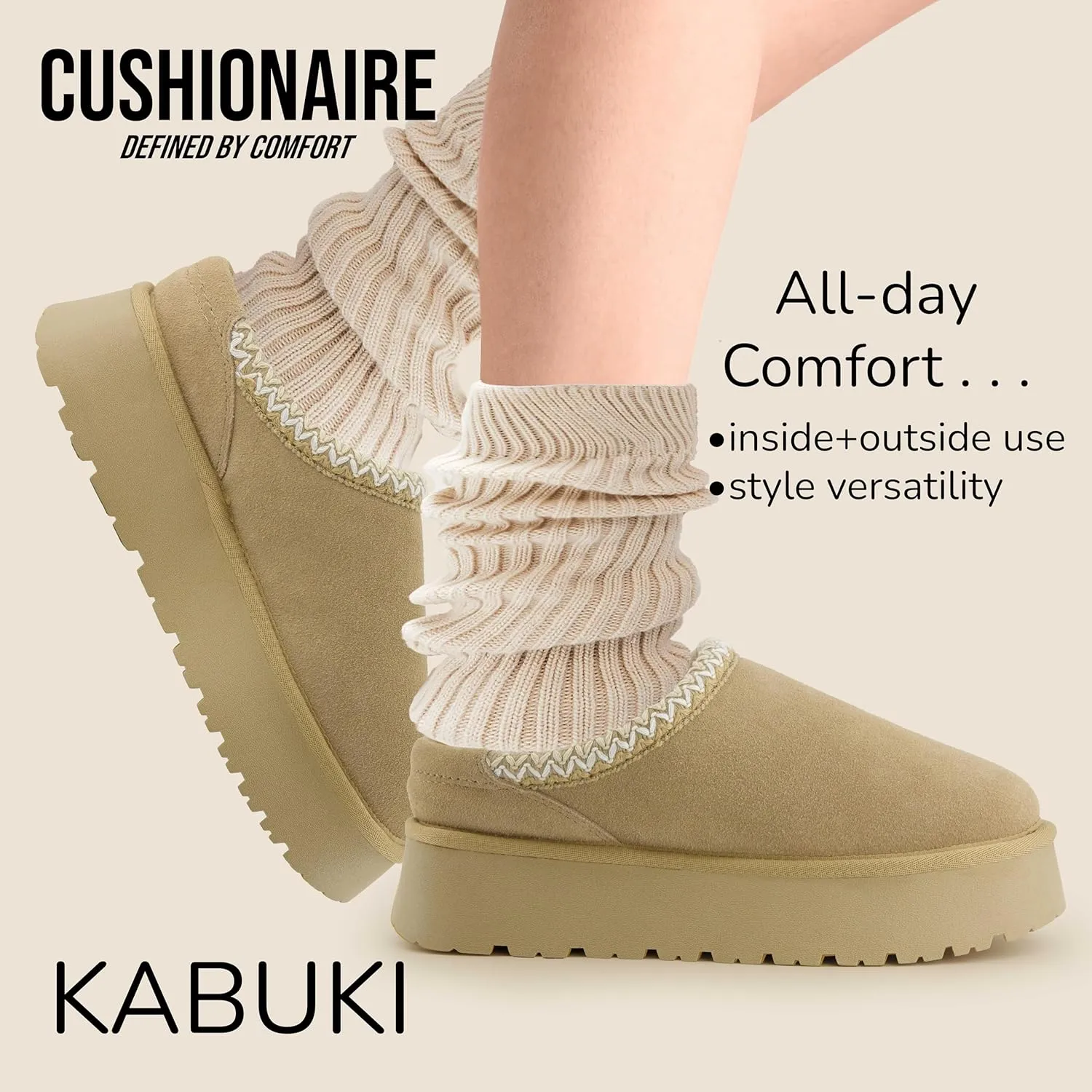 CUSHIONAIRE Kabuki Platform Boots Genuine Suede Fuzzy Mule Slippers for Women with Memory Foam | Indoor/Outdoor Womens Slippers | Wide Widths Available