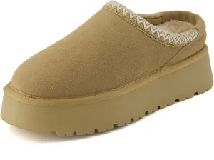 CUSHIONAIRE Kabuki Platform Boots Genuine Suede Fuzzy Mule Slippers for Women with Memory Foam | Indoor/Outdoor Womens Slippers | Wide Widths Available