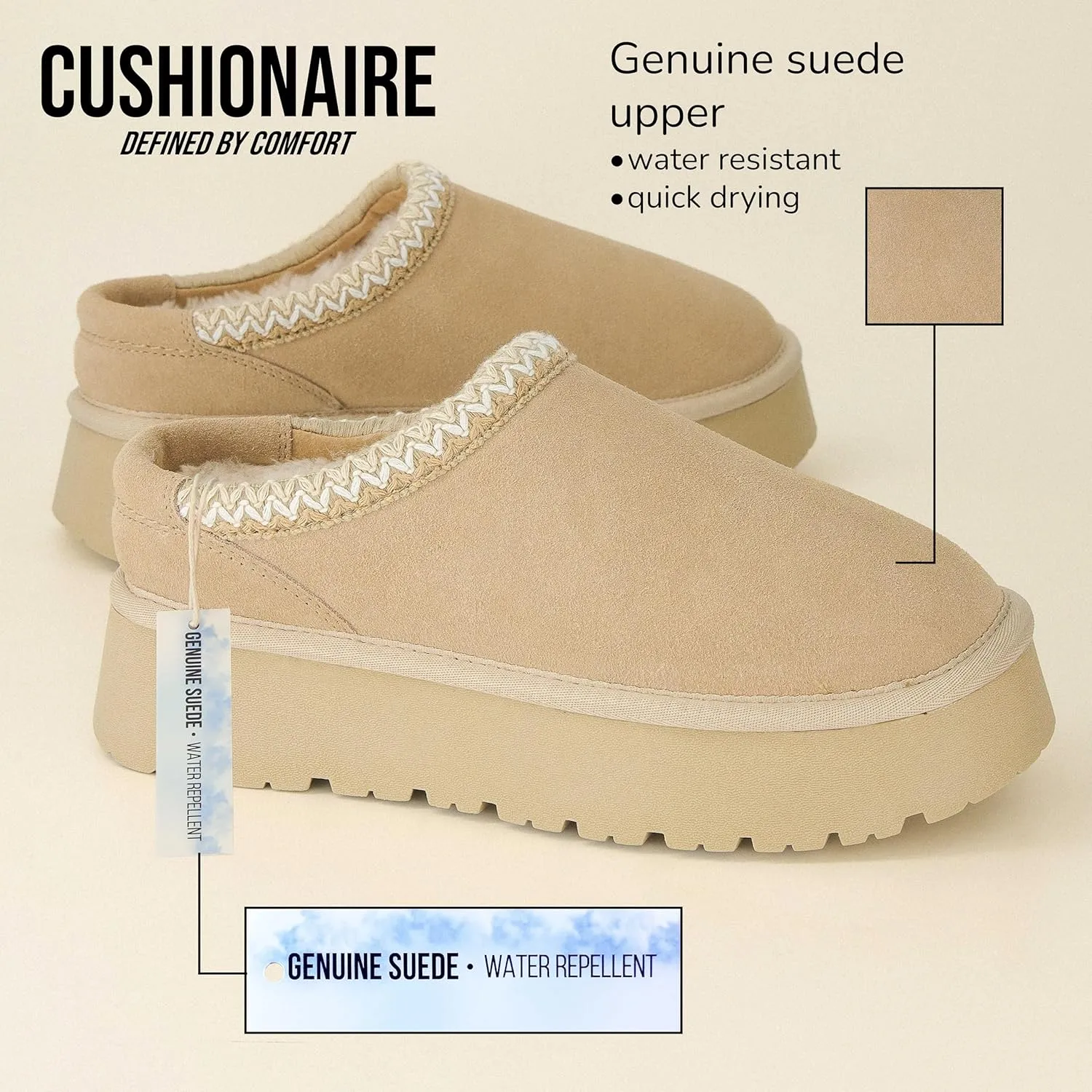 CUSHIONAIRE Kabuki Platform Boots Genuine Suede Fuzzy Mule Slippers for Women with Memory Foam | Indoor/Outdoor Womens Slippers | Wide Widths Available
