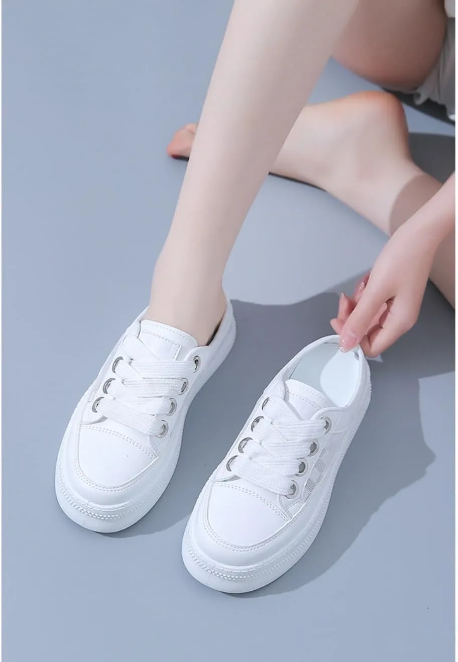 Cute Backless Tennis Shoes Women Walking Mules Sneakers Slip on Canvas House Slippers Non Slip Chunky Sole Lace Up Breathable Mesh Cute Round Toe Lightweight Casual Slides Office Business Driving