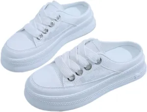 Cute Backless Tennis Shoes Women Walking Mules Sneakers Slip on Canvas House Slippers Non Slip Chunky Sole Lace Up Breathable Mesh Cute Round Toe Lightweight Casual Slides Office Business Driving
