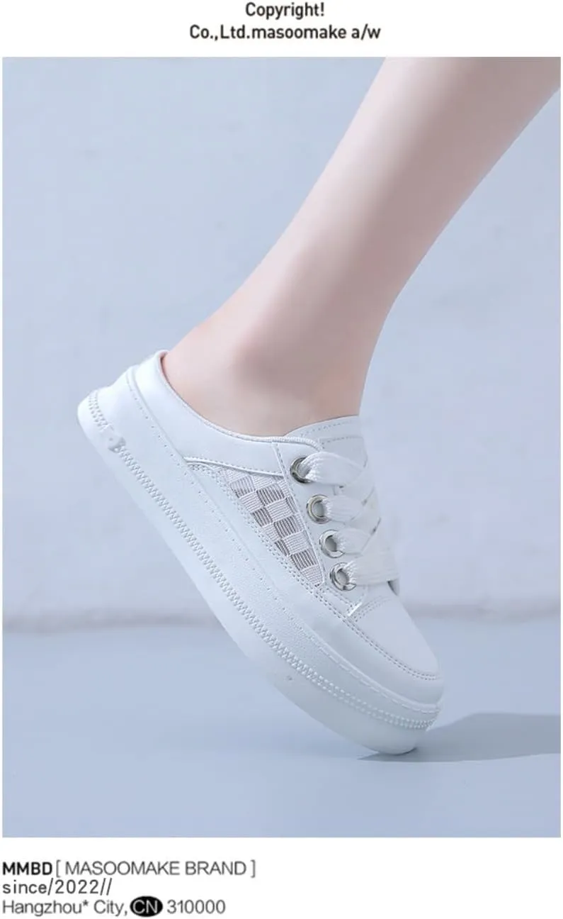 Cute Backless Tennis Shoes Women Walking Mules Sneakers Slip on Canvas House Slippers Non Slip Chunky Sole Lace Up Breathable Mesh Cute Round Toe Lightweight Casual Slides Office Business Driving