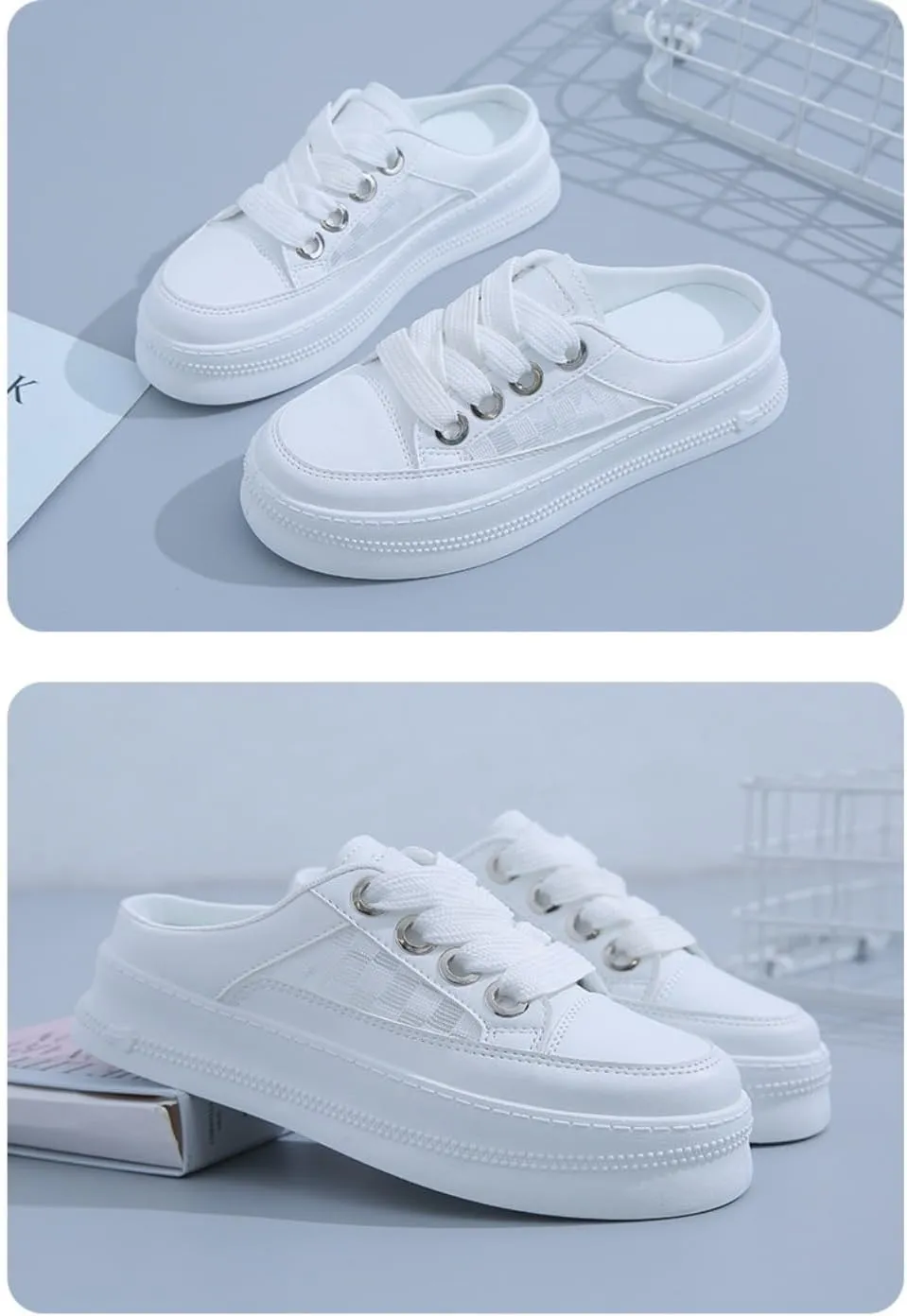 Cute Backless Tennis Shoes Women Walking Mules Sneakers Slip on Canvas House Slippers Non Slip Chunky Sole Lace Up Breathable Mesh Cute Round Toe Lightweight Casual Slides Office Business Driving