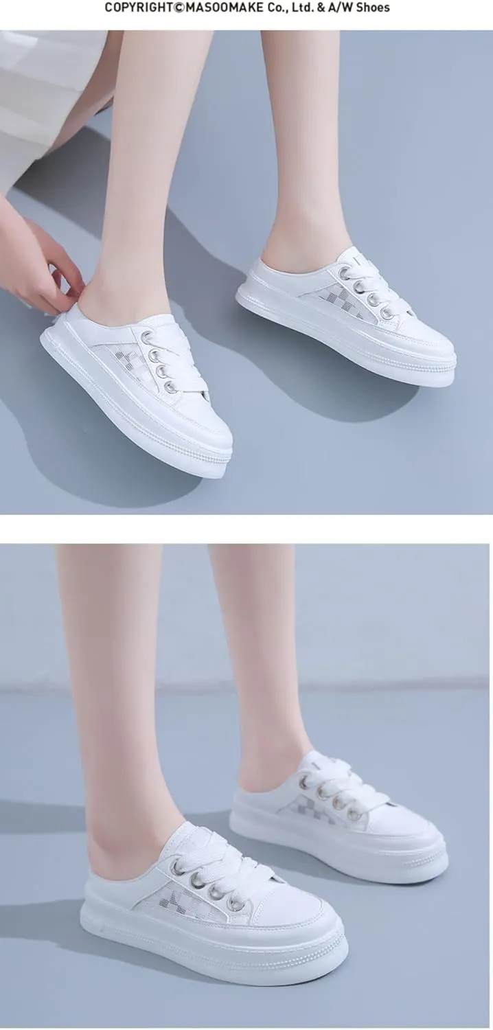 Cute Backless Tennis Shoes Women Walking Mules Sneakers Slip on Canvas House Slippers Non Slip Chunky Sole Lace Up Breathable Mesh Cute Round Toe Lightweight Casual Slides Office Business Driving