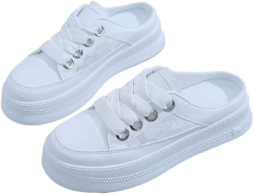 Cute Backless Tennis Shoes Women Walking Mules Sneakers Slip on Canvas House Slippers Non Slip Chunky Sole Lace Up Breathable Mesh Cute Round Toe Lightweight Casual Slides Office Business Driving