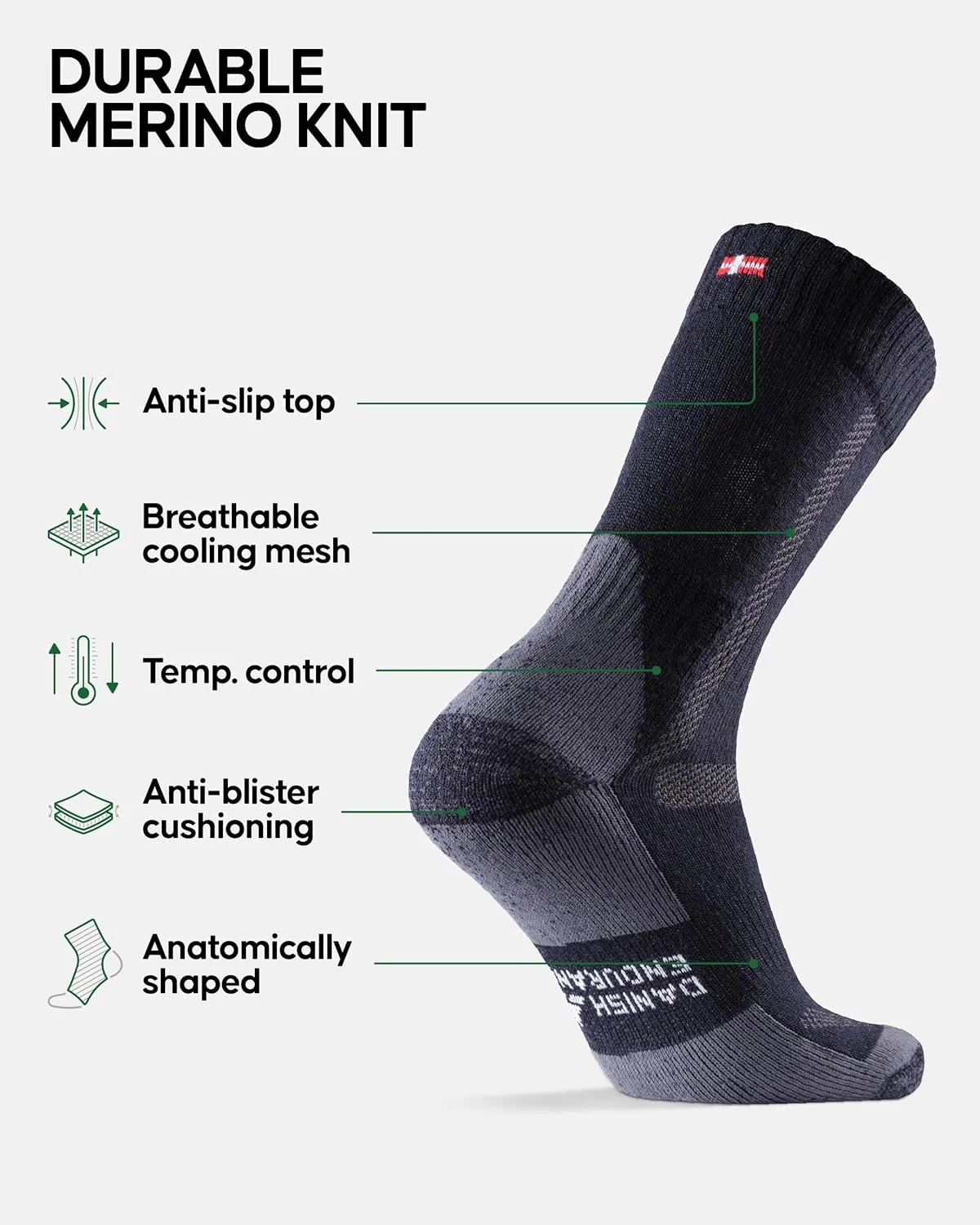 DANISH ENDURANCE Hiking Socks, Merino Wool Socks, Anti Blister, Cushioned, Breathable, Men & Women, 3-Pack