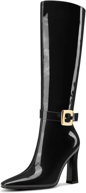 DearOnly Womens Fashion Knee High Boots Pointed Toe Chunky Heel Tall Zipper Metal Buckle Long Patent Leather Sexy High Heel Boots
