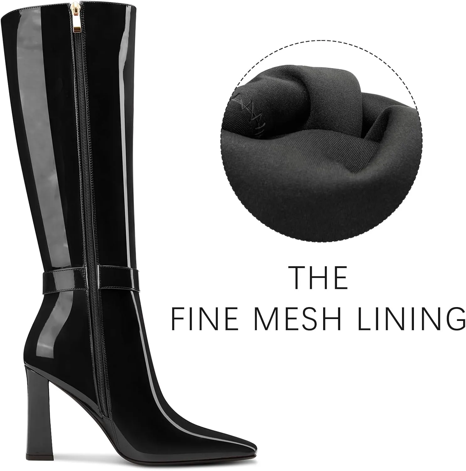 DearOnly Womens Fashion Knee High Boots Pointed Toe Chunky Heel Tall Zipper Metal Buckle Long Patent Leather Sexy High Heel Boots