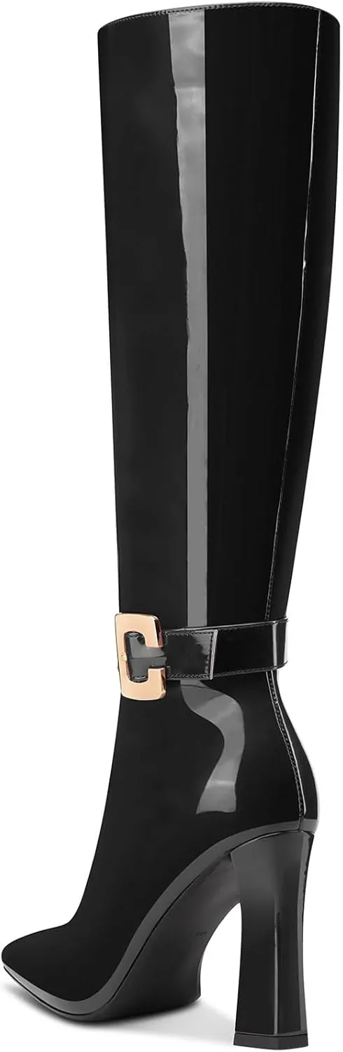 DearOnly Womens Fashion Knee High Boots Pointed Toe Chunky Heel Tall Zipper Metal Buckle Long Patent Leather Sexy High Heel Boots