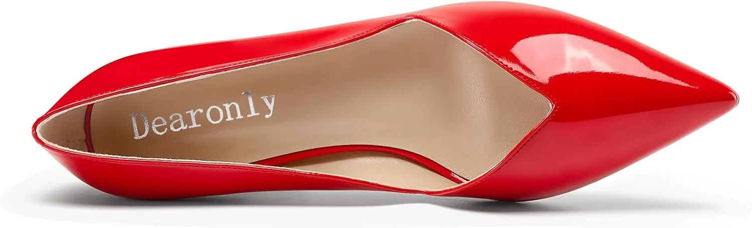 DearOnly Womens Mid Stiletto Heel Dress Slip-on Close Pointed Toe Pumps Cute Patent Leather Prom Casual Shoes 2.4 Inches Heels