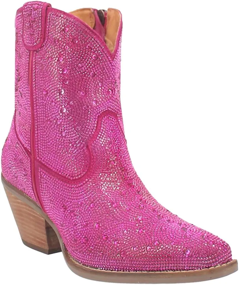 Dingo Womens Rhinestone Cowgirl Round Toe Zippered Casual Boots Ankle Mid Heel 2-3" - Black