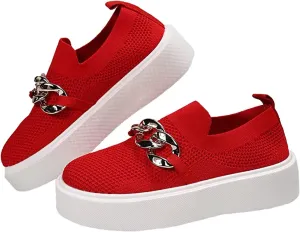 DirraBra Women's Fashion Mesh Platform Loafers Slip On Metal Trim Chain Low Top Sneakers Comfortable Round Toe Flat Walking Shoes