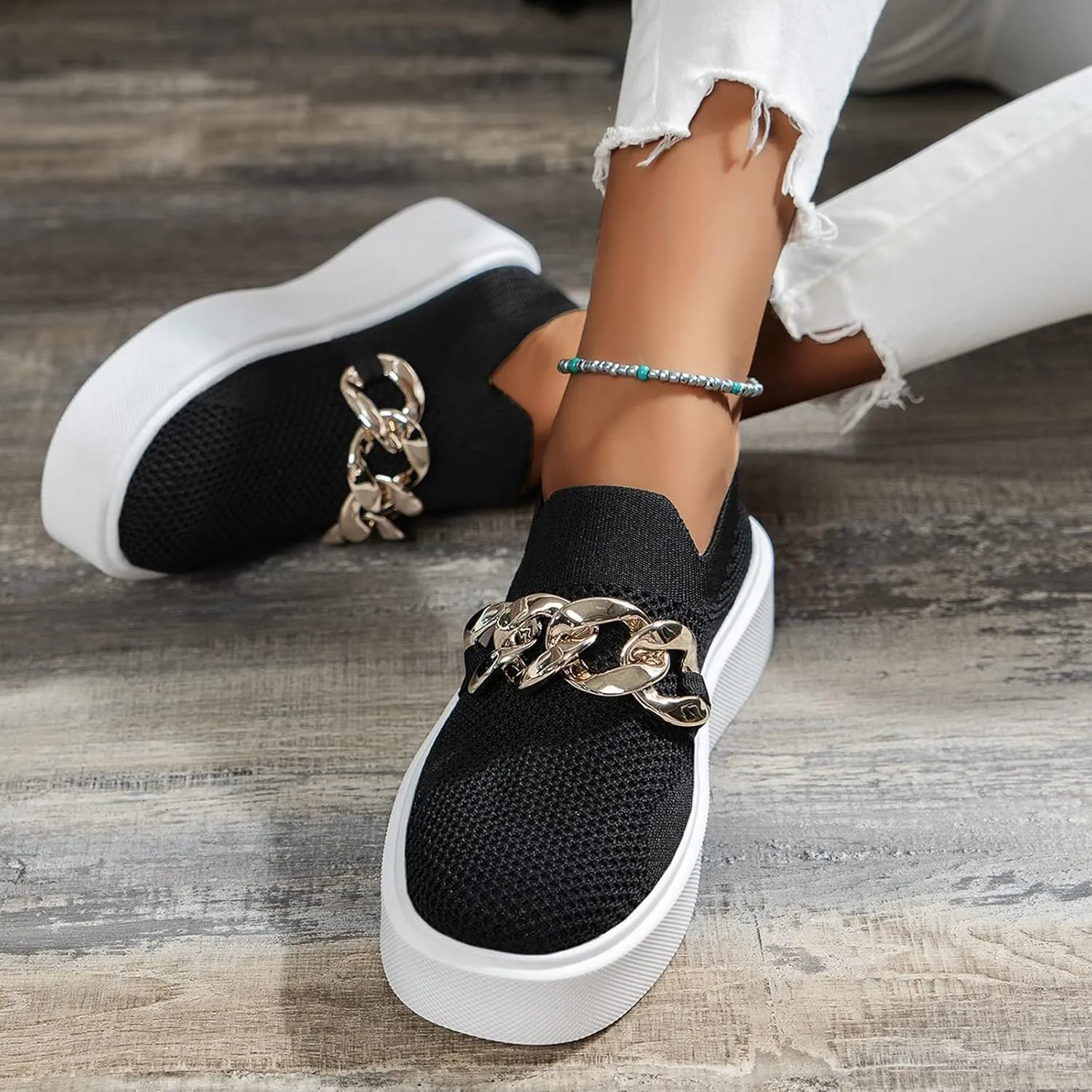DirraBra Women's Fashion Mesh Platform Loafers Slip On Metal Trim Chain Low Top Sneakers Comfortable Round Toe Flat Walking Shoes
