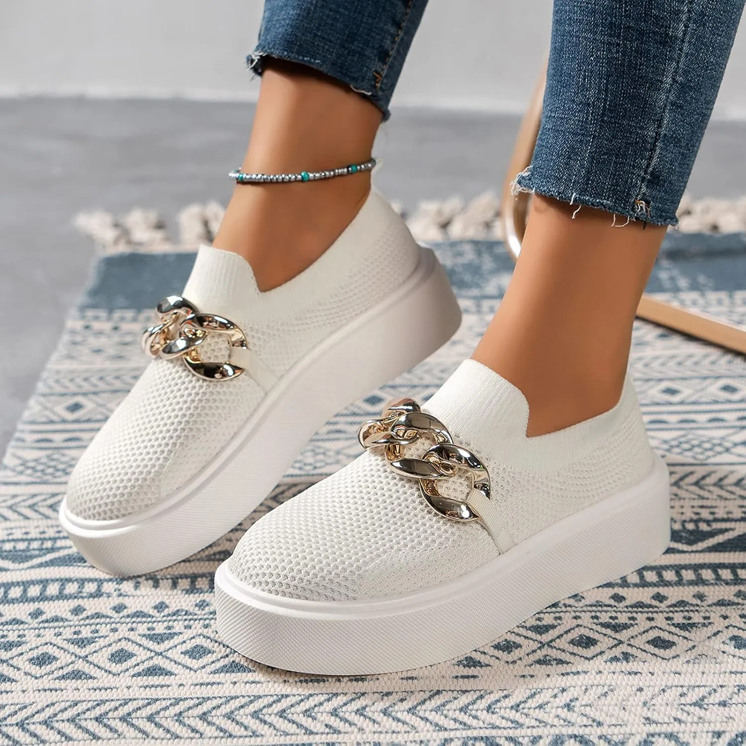 DirraBra Women's Fashion Mesh Platform Loafers Slip On Metal Trim Chain Low Top Sneakers Comfortable Round Toe Flat Walking Shoes