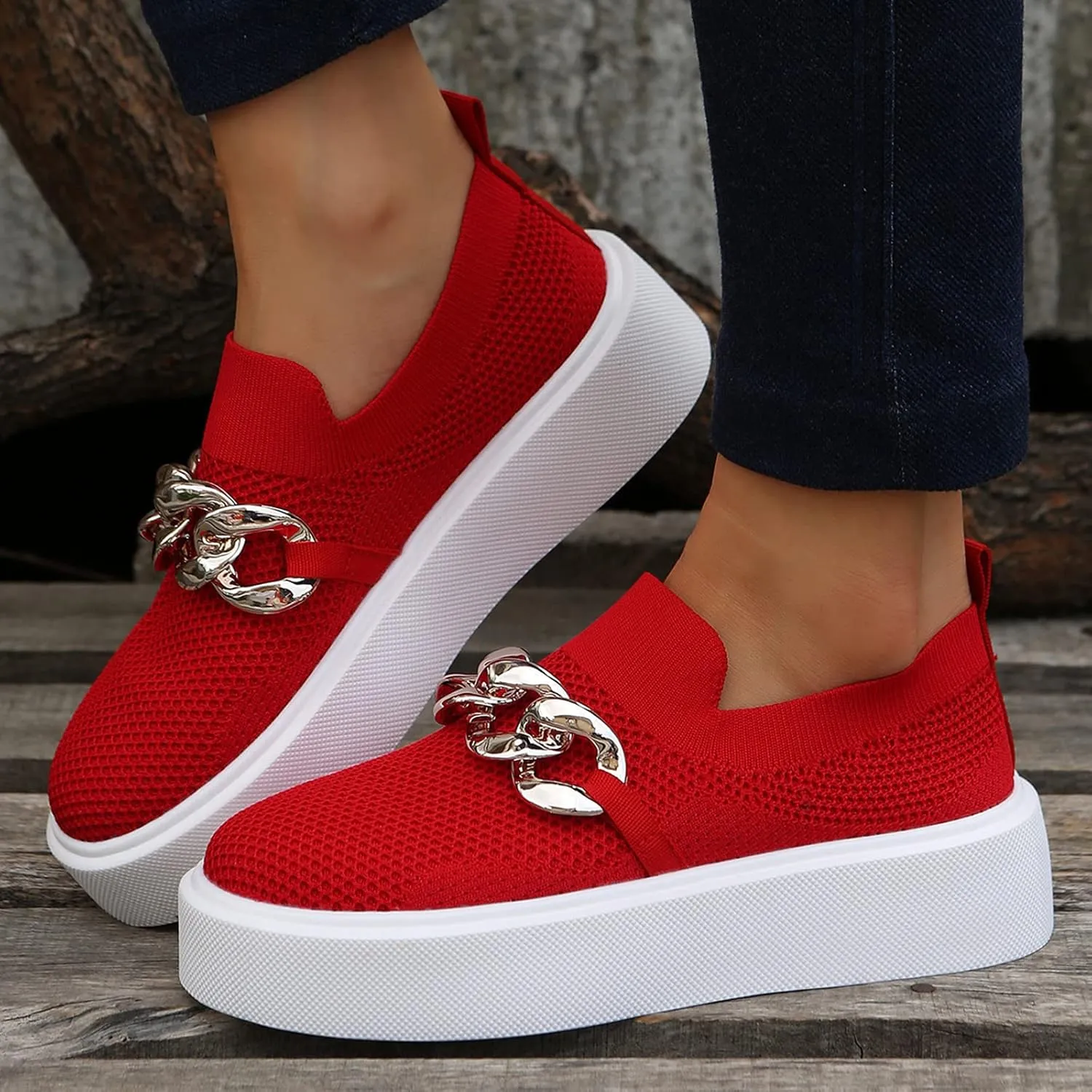 DirraBra Women's Fashion Mesh Platform Loafers Slip On Metal Trim Chain Low Top Sneakers Comfortable Round Toe Flat Walking Shoes