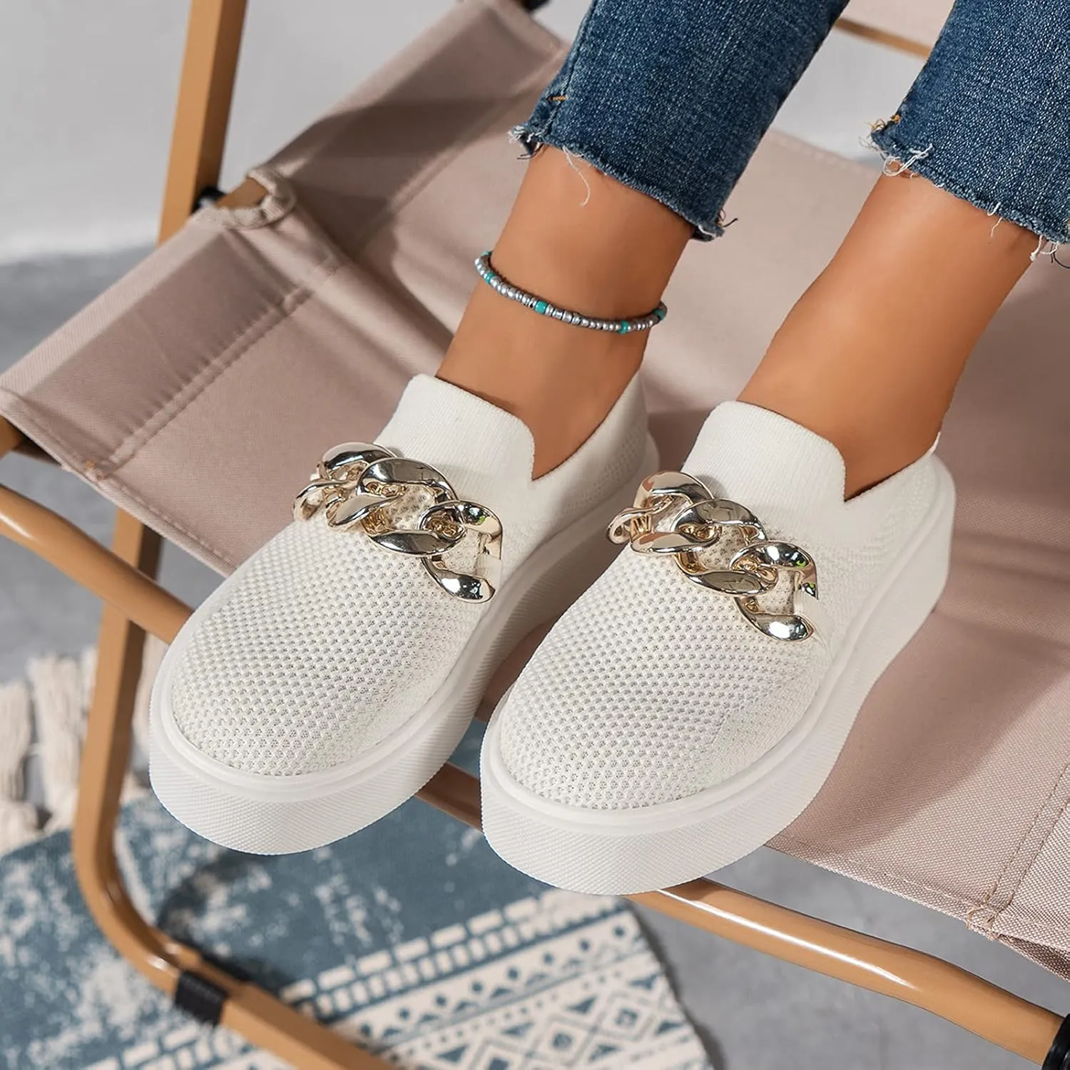 DirraBra Women's Fashion Mesh Platform Loafers Slip On Metal Trim Chain Low Top Sneakers Comfortable Round Toe Flat Walking Shoes