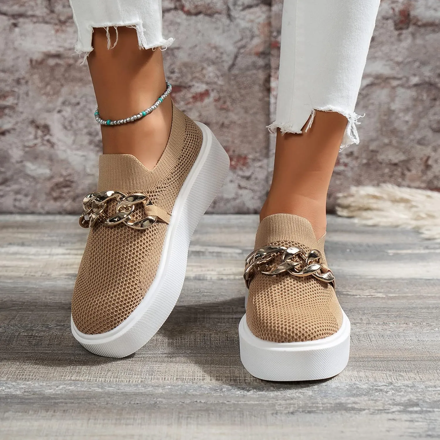 DirraBra Women's Fashion Mesh Platform Loafers Slip On Metal Trim Chain Low Top Sneakers Comfortable Round Toe Flat Walking Shoes