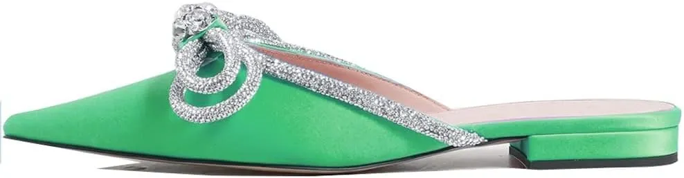 Divanne Women's Flat Mules, Pointed Toe Backless Loafer Shoes Rhinestone Bowknot Slip on Mule Slides