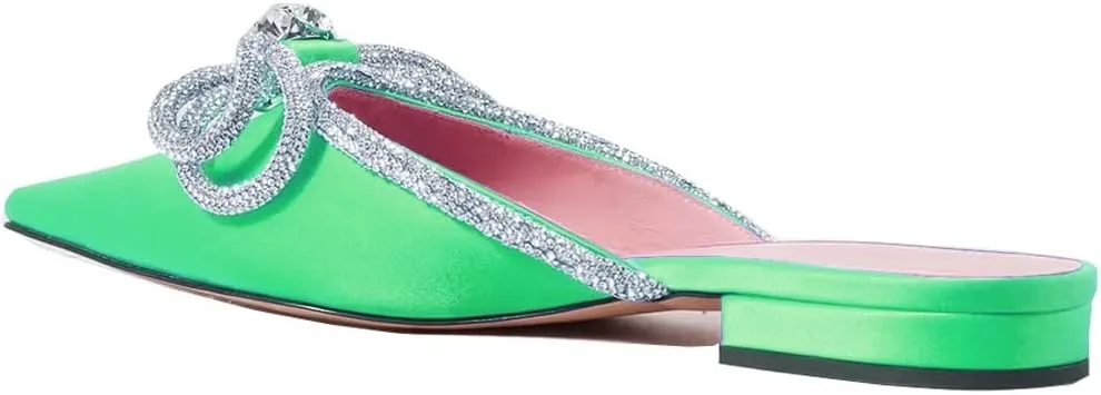 Divanne Women's Flat Mules, Pointed Toe Backless Loafer Shoes Rhinestone Bowknot Slip on Mule Slides