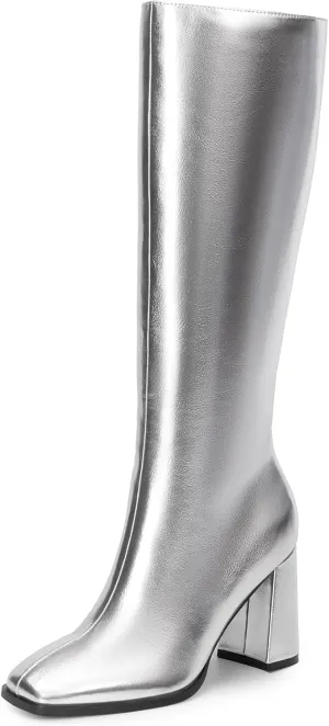 DREAM PAIRS Knee High Boots for Women Square Toe Gogo Chunky Heel with Side Zip