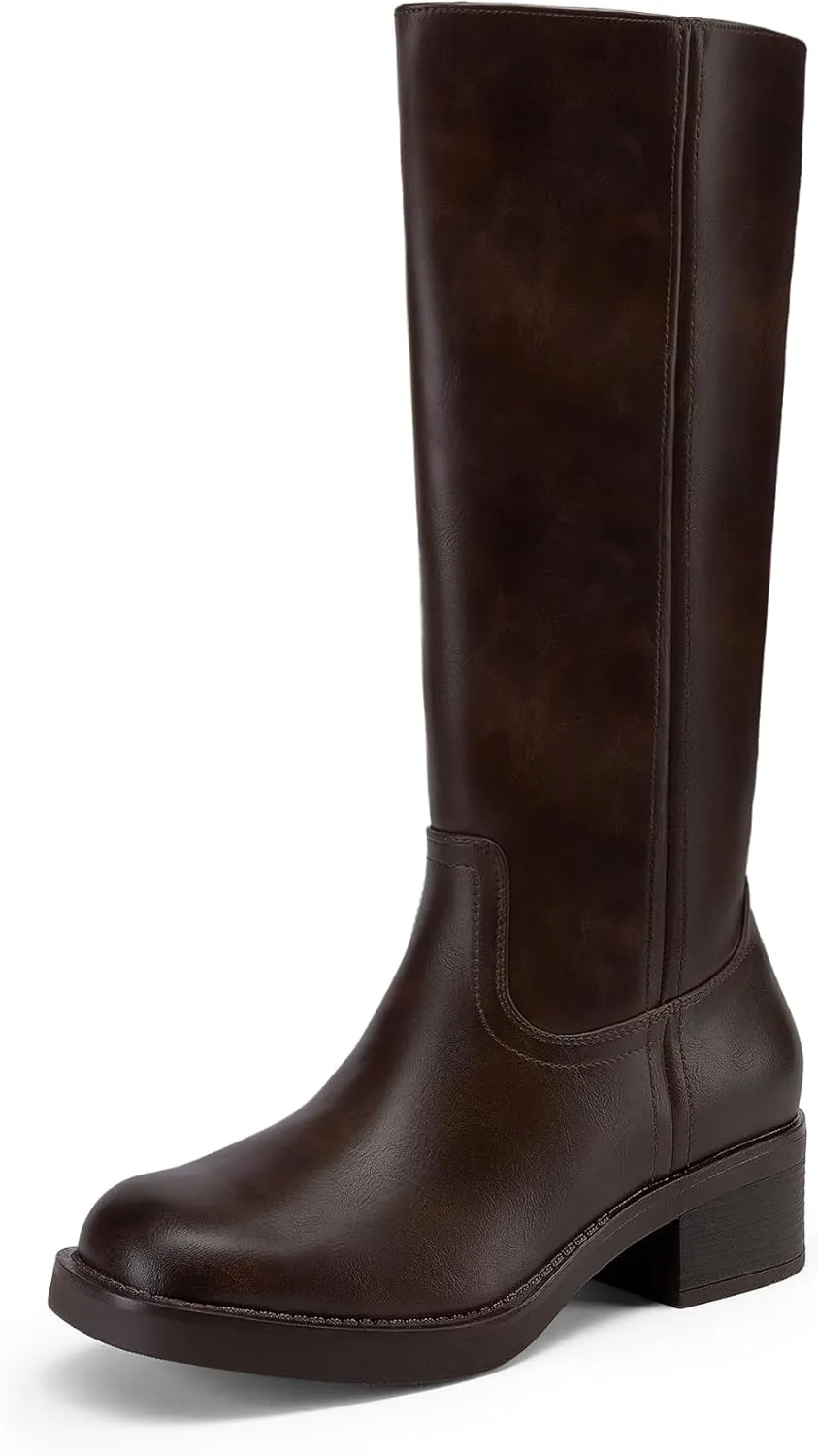 DREAM PAIRS Womens Knee High Boots Square Toe Platform Chunky Block Heel Banana Campus Boots for Women Comfortable Low Heel Side Zipper Womens Riding Tall Boots